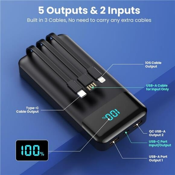 40800mAh Power Bank Fast Charger Built In Cables USB C for iPhone Android - Picture 2 of 8